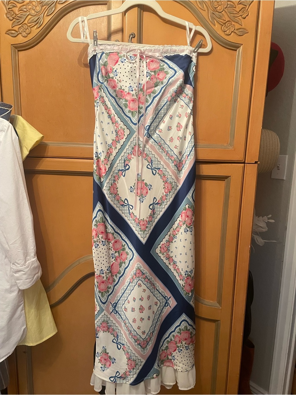Anthropologie Floral Scarf-Print Slip Dress in Navy, Pink & White.